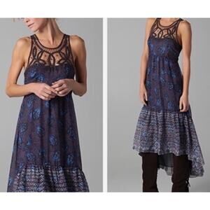 Free People Native Rose High Low Blue Floral Sleeveless Lace Trim Dress Sz 12
